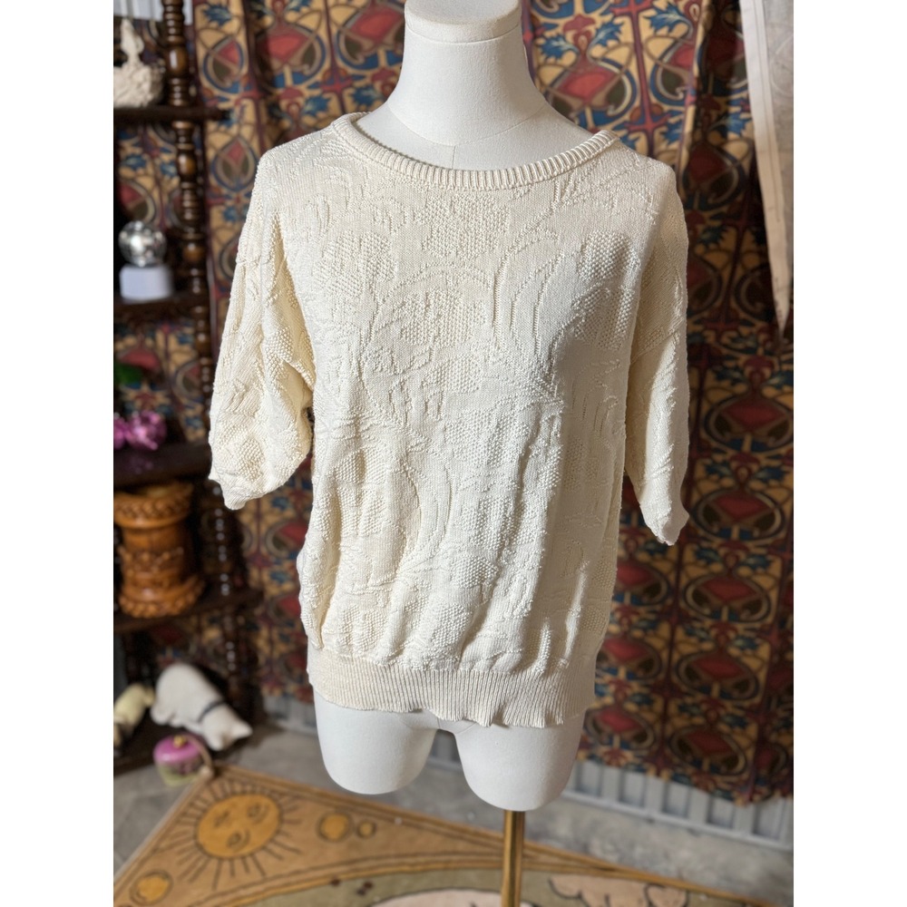 Cream Textured Knit Sweater Top Short Sleeve Vintage 80s 90s Retro